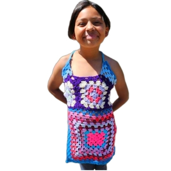 Hand Crafted crochet halter top split dress open back swim coverup multicolored - Picture 5 of 17